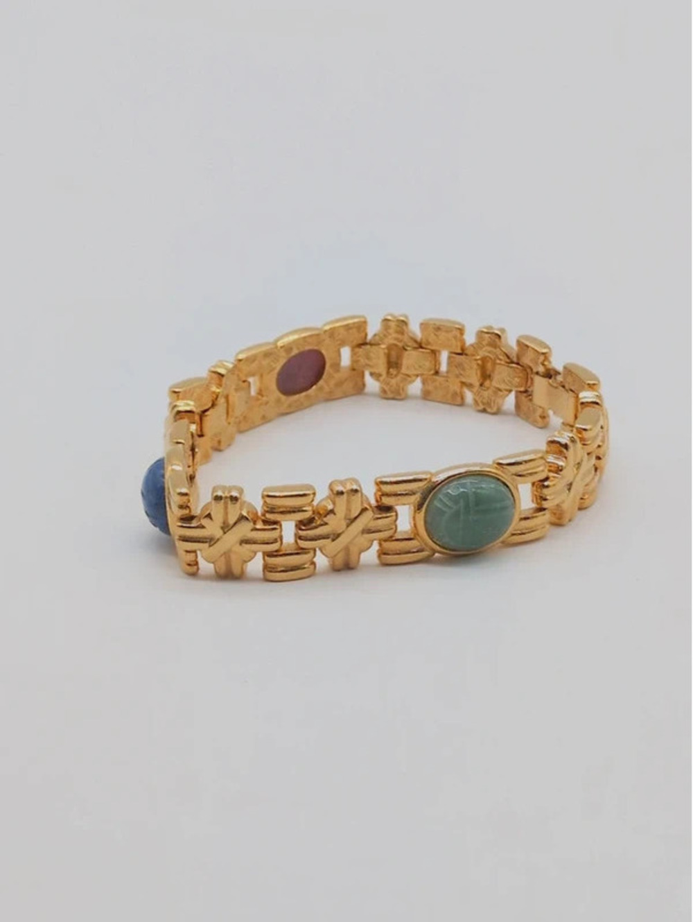 Vintage Gold Tone Multi Gemstone Scarab Beetle Link Bracelet 7.5"